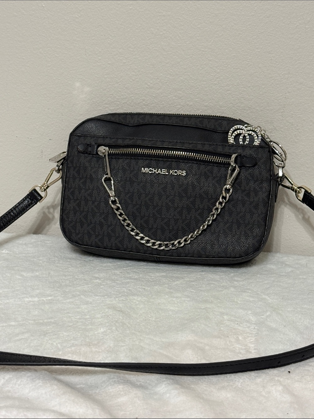 Michael Kors Black MK Logo Chain-Accent Crossbody Bag